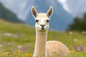 White llama resting in a meadow with wildflowers and mountains photo
