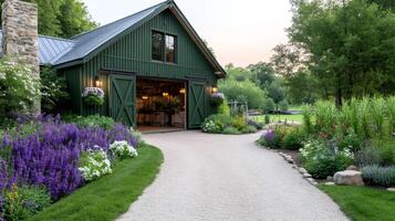Charming green barn showcasing potting workshop amidst vibrant flowerbeds and gravel pathway photo