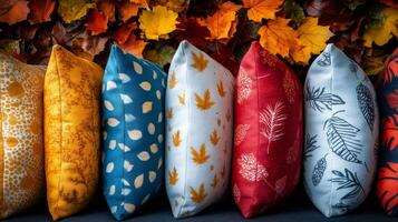 Colorful autumn pillows with leaves and maple leaf patterns standing in a row photo