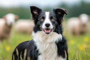 Border collie dog smiling and watching sheep in a field photo