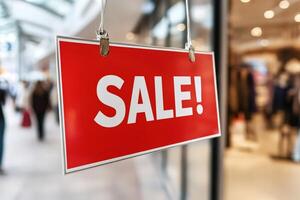 Red sale sign hanging in a store window attracting customers photo