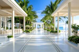 Luxurious wedding venue with ocean view, awaiting the bride and groom under palm trees photo