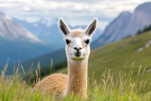 Llama relaxing in the grass of Canadian Rockies photo