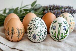 Easter eggs decorated with hand-drawn lavender and greenery patterns resting on linen cloth photo