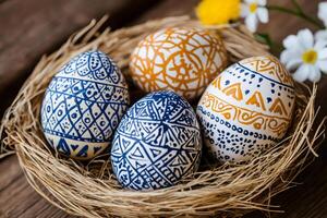 Hand-painted easter eggs resting in a bird nest with flowers photo