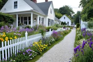 White picket fence bordering colorful flowerbeds leading to idyllic country house photo