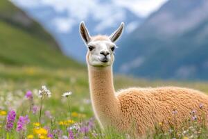 Llama relaxing in an alpine meadow with wildflowers and mountains in the background photo