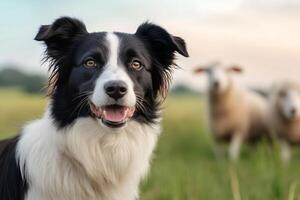 Border collie dog smiling and watching sheep in a field. photo
