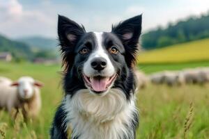 Border collie smiling and watching over sheep in green field photo