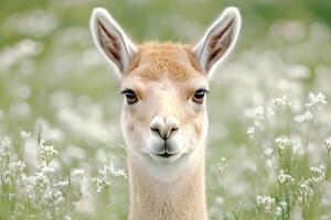 lama looking at camera in a field of white flowers photo