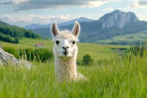 Llama sitting in grass with mountain landscape in background photo
