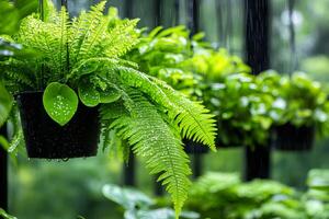 Lush green ferns enjoying refreshing rain shower in hanging pots photo