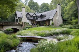 Luxury country house with two bridges crossing a stream photo