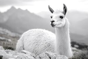 White llama resting on mountain rocks with mountain range in background photo