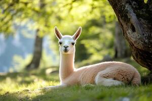 White llama lying on grass under tree in forest photo