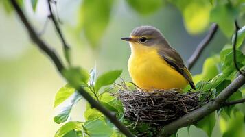Yellow bird resting in its nest on a tree branch photo