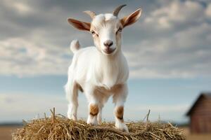 White baby goat standing on a haystack in a farm photo