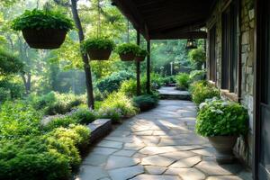 Sun shining on a stone path with hanging baskets and lush landscaping photo
