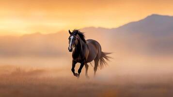 Brown horse running in a dusty field at sunset with mountains in the background photo
