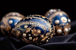 Luxurious easter eggs decorated with gold and pearls resting on black velvet photo