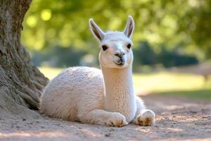 White llama resting under a tree in a sunny day photo