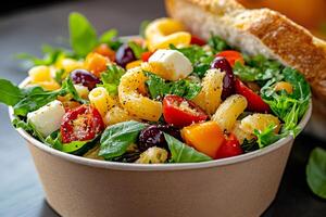 Delicious pasta salad with feta cheese, olives and tomatoes enjoying with a slice of bread photo