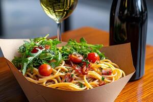 Spaghetti with bacon, arugula and cherry tomatoes served in a takeaway box with wine photo
