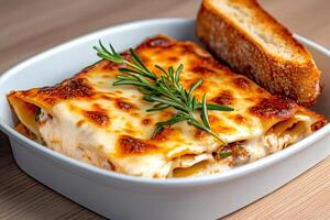 Delicious lasagna bolognese with melted mozzarella and toasted bread, garnished with rosemary photo