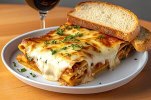 Lasagna bolognese with melted mozzarella and sliced bread on white plate photo
