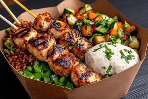 Grilled chicken skewers with vegetables, rice and sauce in a takeaway box photo