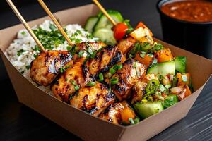 Grilled chicken skewers with rice and vegetables served in a takeaway box photo