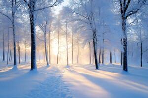 Sun shining through snowy trees in winter forest creating magical atmosphere photo