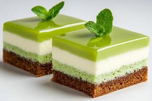 Two delicious layered pistachio cakes with mint leaves are waiting to be eaten photo