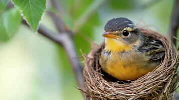 Newborn bird resting in nest on tree branch photo