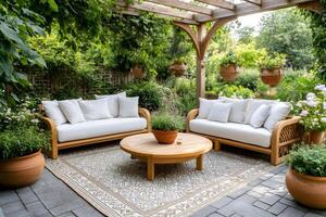 Elegant pergola creating relaxing shaded area in luxurious garden with wooden furniture photo