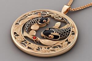 Golden pendant featuring two koi carps swimming in a circle decorated with flowers and red gems photo