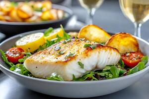 Pan seared cod fish fillet served with roasted potatoes and salad photo