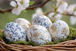 Easter eggs with gold and blue floral pattern resting in a wicker basket photo
