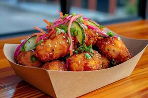 Crispy tater tots topped with fresh vegetables and sesame seeds in a cardboard container photo