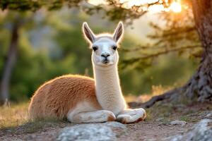 Llama resting in the shade of a tree at sunset photo