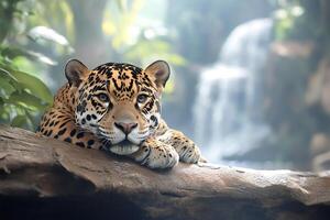 Jaguar resting on a rock near a waterfall in the jungle photo