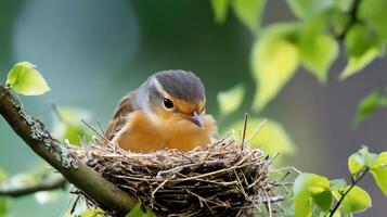 Small bird resting in nest on tree branch photo