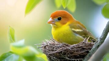 Small colorful bird resting in nest on a tree branch photo