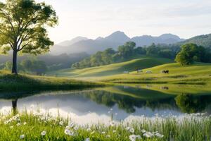 Cows grazing near a peaceful lake reflecting the sky in a green valley photo