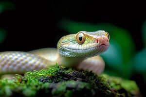 Striking green snake resting on mossy surface in rainforest photo