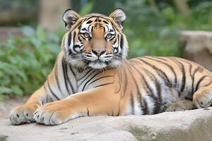 Sumatran tiger lying down and resting on a rock photo