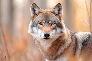 Eurasian wolf looking intensely in the forest during autumn photo