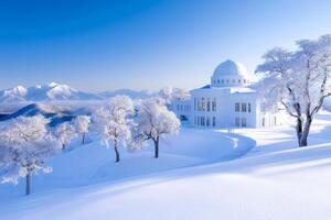 Snow covered trees and a white building with a dome in front of snowy mountains in Hokkaido, Japan photo