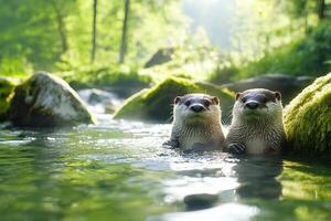 Two eurasian otters swimming in a river in a forest photo