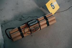 Clue, number five. Explosive bomb is indoors. Police investigation. Conception of terror photo